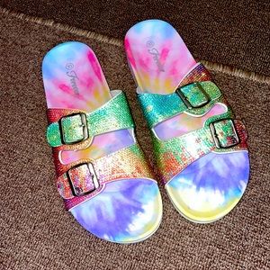 Tie Dye Slides with Buckles & Rhinestones.